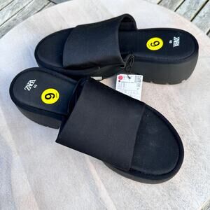 Zara Womens Sandals Size 9 Platform Slides Black Neoprene Block Heel New